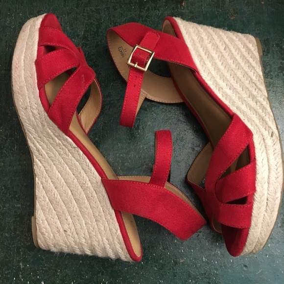 red strappy wedge sandals